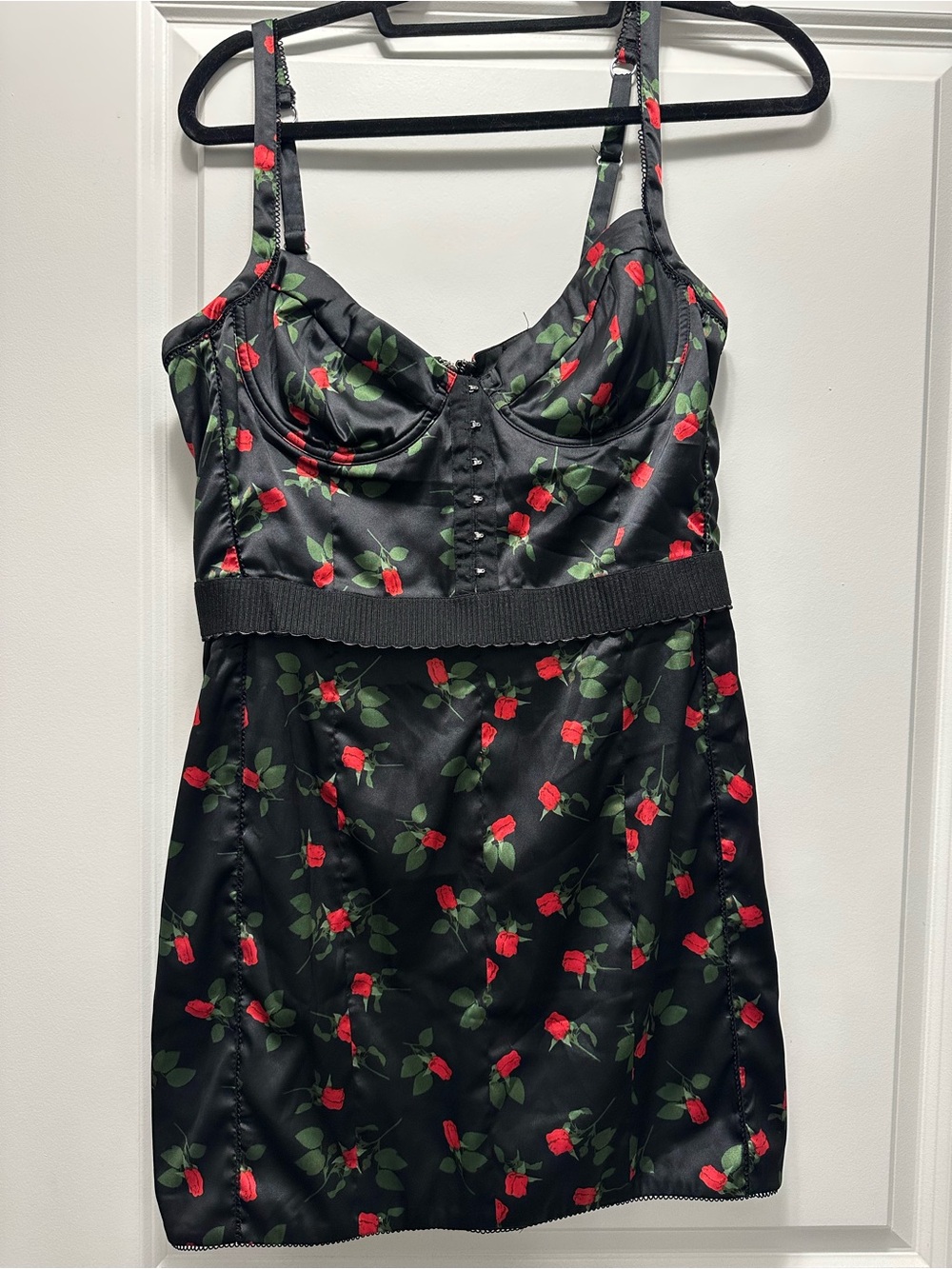 For love & lemons Women's Black Satin Rose Print Slip Dress